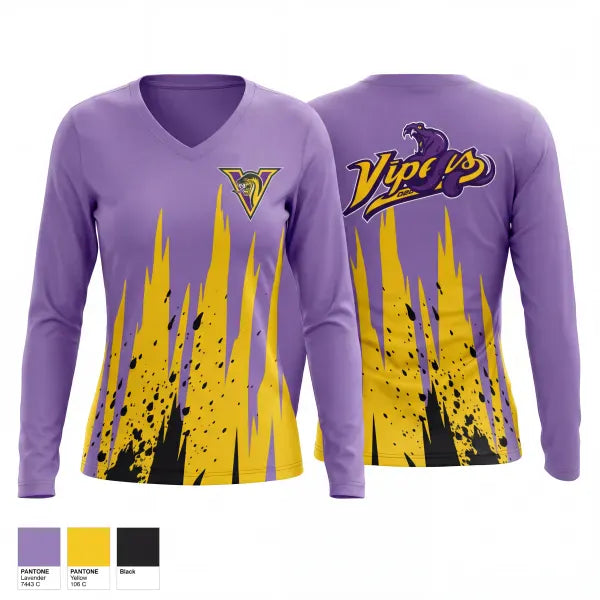 Womens Long Sleeve Vneck Shirt, Vipers, Baseball, Teamtime, Team time, sublimation, custom sports apparel, team uniforms, spirit wear, spiritwear, sports uniforms, custom shirts, team store, custom team store, fundraiser sports, apparel fundraiser