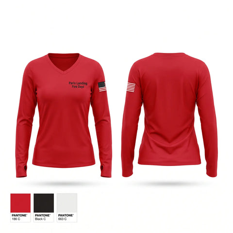 Womens Long Sleeve Vneck Shirt, Paris Landing Fire Dept, Fire Department, Teamtime, Team time, sublimation, custom sports apparel, team uniforms, spirit wear, spiritwear, sports uniforms, custom shirts, team store, custom team store, fundraiser sports, apparel fundraiser