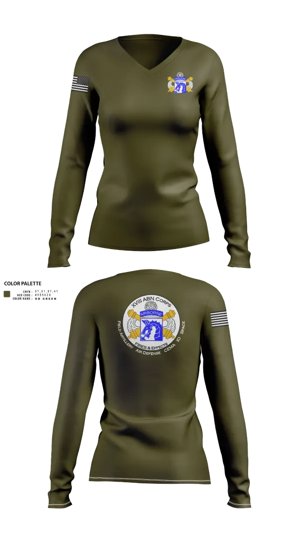 Womens Long Sleeve Vneck Shirt, XVIII Airborne Corps G34 FIRES, Army, Teamtime, Team time, sublimation, custom sports apparel, team uniforms, spirit wear, spiritwear, sports uniforms, custom shirts, team store, custom team store, fundraiser sports, apparel fundraiser