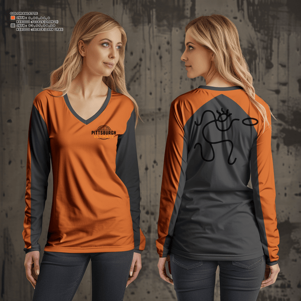 Women's Long Sleeve Vneck Shirt, Pittsburgh Ultimate, Spirit Store, Teamtime, Team time, sublimation, custom sports apparel, team uniforms, spirit wear, spiritwear, sports uniforms, custom shirts, team store, custom team store, fundraiser sports, apparel fundraiser