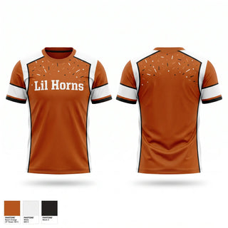 Soft Poly Tee Cotton Like Feel, Lil’ Horns, Softball, Teamtime, Team time, sublimation, custom sports apparel, team uniforms, spirit wear, spiritwear, sports uniforms, custom shirts, team store, custom team store, fundraiser sports, apparel fundraiser