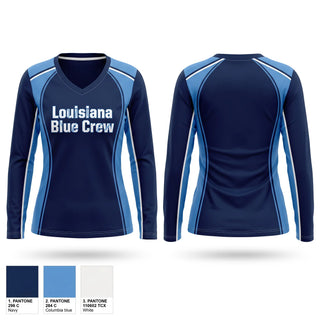 Womens Long Sleeve Vneck Shirt, Louisiana Blue Crew, Baseball, Teamtime, Team time, sublimation, custom sports apparel, team uniforms, spirit wear, spiritwear, sports uniforms, custom shirts, team store, custom team store, fundraiser sports, apparel fundraiser