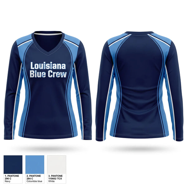Womens Long Sleeve Vneck Shirt, Louisiana Blue Crew, Baseball, Teamtime, Team time, sublimation, custom sports apparel, team uniforms, spirit wear, spiritwear, sports uniforms, custom shirts, team store, custom team store, fundraiser sports, apparel fundraiser