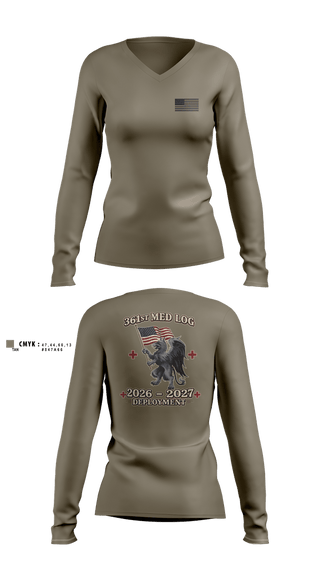 Womens Long Sleeve Vneck Shirt, 361 med log, Army, Teamtime, Team time, sublimation, custom sports apparel, team uniforms, spirit wear, spiritwear, sports uniforms, custom shirts, team store, custom team store, fundraiser sports, apparel fundraiser