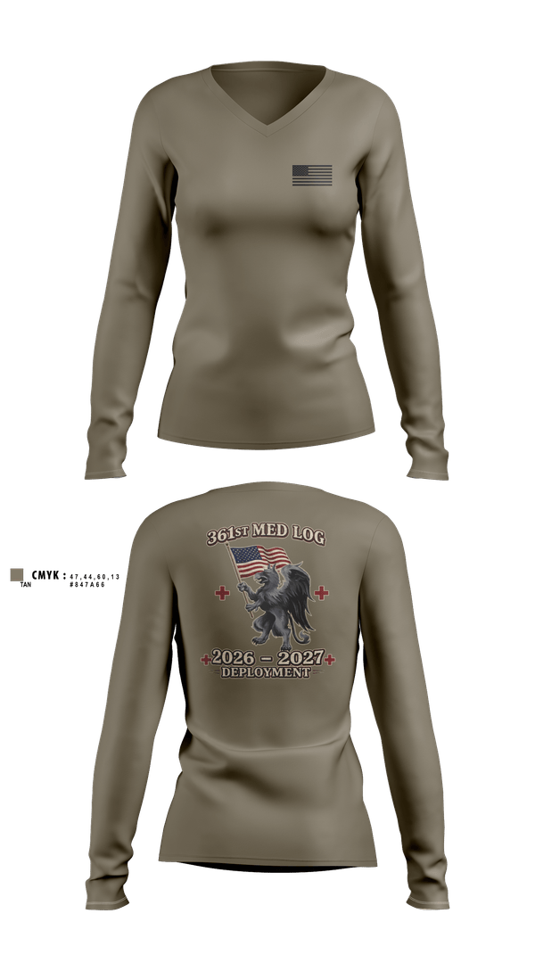 Womens Long Sleeve Vneck Shirt, 361 med log, Army, Teamtime, Team time, sublimation, custom sports apparel, team uniforms, spirit wear, spiritwear, sports uniforms, custom shirts, team store, custom team store, fundraiser sports, apparel fundraiser