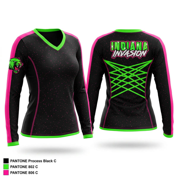 Womens Long Sleeve Vneck Shirt, Indiana Invasion Inc., Cheer, Teamtime, Team time, sublimation, custom sports apparel, team uniforms, spirit wear, spiritwear, sports uniforms, custom shirts, team store, custom team store, fundraiser sports, apparel fundraiser