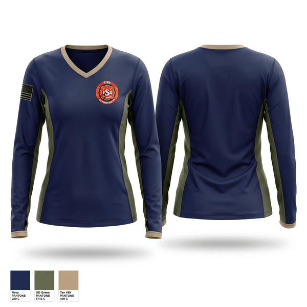 Womens Long Sleeve Vneck Shirt, Skidmore, Fire Department, Teamtime, Team time, sublimation, custom sports apparel, team uniforms, spirit wear, spiritwear, sports uniforms, custom shirts, team store, custom team store, fundraiser sports, apparel fundraiser