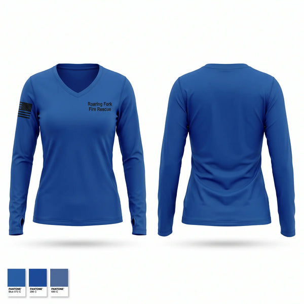 Womens Long Sleeve Vneck Shirt, Roaring Fork Fire Rescue, Fire Department, Teamtime, Team time, sublimation, custom sports apparel, team uniforms, spirit wear, spiritwear, sports uniforms, custom shirts, team store, custom team store, fundraiser sports, apparel fundraiser