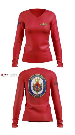 Womens Long Sleeve Vneck Shirt, USS Nebraska, Navy, Teamtime, Team time, sublimation, custom sports apparel, team uniforms, spirit wear, spiritwear, sports uniforms, custom shirts, team store, custom team store, fundraiser sports, apparel fundraiser