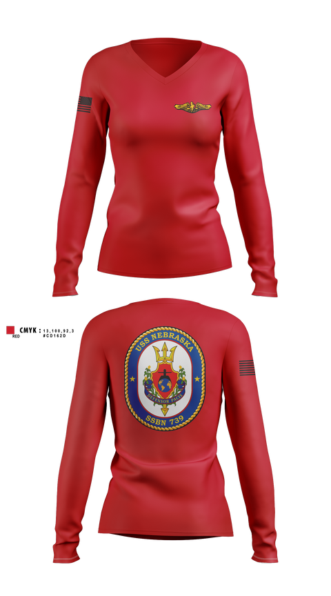 Womens Long Sleeve Vneck Shirt, USS Nebraska, Navy, Teamtime, Team time, sublimation, custom sports apparel, team uniforms, spirit wear, spiritwear, sports uniforms, custom shirts, team store, custom team store, fundraiser sports, apparel fundraiser
