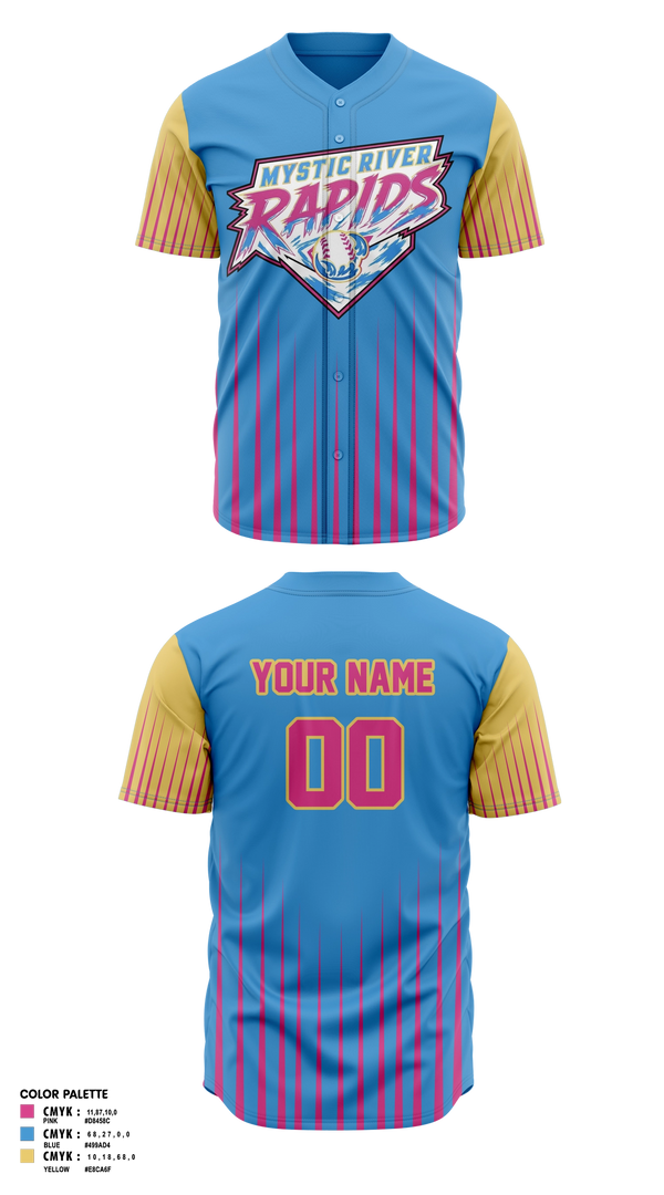Full Button Baseball Jersey, Mystic River Rapids, Baseball, Teamtime, Team time, sublimation, custom sports apparel, team uniforms, spirit wear, spiritwear, sports uniforms, custom shirts, team store, custom team store, fundraiser sports, apparel fundraiser