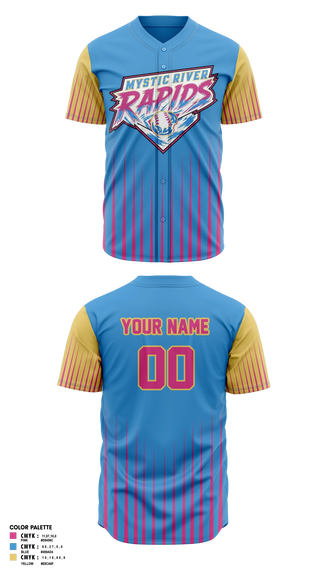 Full Button Baseball Jersey, Mystic River Rapids, Baseball, Teamtime, Team time, sublimation, custom sports apparel, team uniforms, spirit wear, spiritwear, sports uniforms, custom shirts, team store, custom team store, fundraiser sports, apparel fundraiser