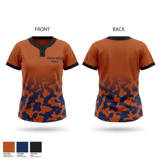 Two Button Softball Jersey, Clayton Valley Flames, Softball, Teamtime, Team time, sublimation, custom sports apparel, team uniforms, spirit wear, spiritwear, sports uniforms, custom shirts, team store, custom team store, fundraiser sports, apparel fundraiser