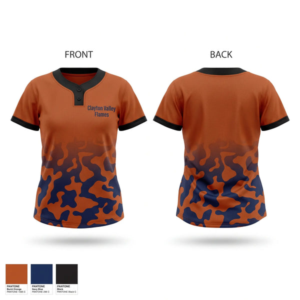 Two Button Softball Jersey, Clayton Valley Flames, Softball, Teamtime, Team time, sublimation, custom sports apparel, team uniforms, spirit wear, spiritwear, sports uniforms, custom shirts, team store, custom team store, fundraiser sports, apparel fundraiser