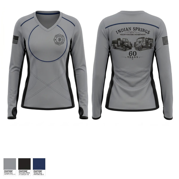 Womens Long Sleeve Vneck Shirt, Indian Springs Volunteer Fire Department, Fire Department, Teamtime, Team time, sublimation, custom sports apparel, team uniforms, spirit wear, spiritwear, sports uniforms, custom shirts, team store, custom team store, fundraiser sports, apparel fundraiser