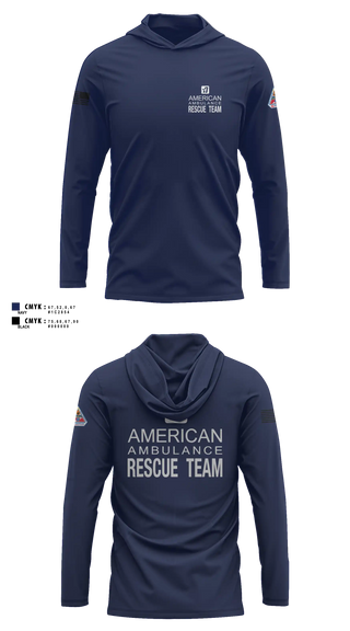 Long Sleeve hooded sunshirt, American Ambulance Rescue Team, EMS/EMT, Teamtime, Team time, sublimation, custom sports apparel, team uniforms, spirit wear, spiritwear, sports uniforms, custom shirts, team store, custom team store, fundraiser sports, apparel fundraiser
