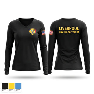 Womens Long Sleeve Vneck Shirt, LIVERPOOL, Fire Department, Teamtime, Team time, sublimation, custom sports apparel, team uniforms, spirit wear, spiritwear, sports uniforms, custom shirts, team store, custom team store, fundraiser sports, apparel fundraiser