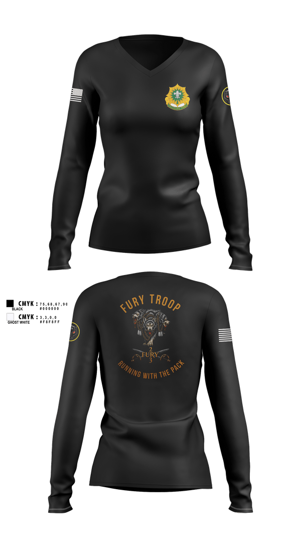 Womens Long Sleeve Vneck Shirt, 3/2 CR Fury Troop, Army, Teamtime, Team time, sublimation, custom sports apparel, team uniforms, spirit wear, spiritwear, sports uniforms, custom shirts, team store, custom team store, fundraiser sports, apparel fundraiser