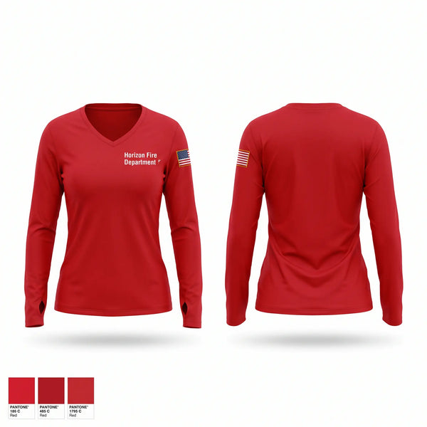 Womens Long Sleeve Vneck Shirt, Horizon fire department, Fire Department, Teamtime, Team time, sublimation, custom sports apparel, team uniforms, spirit wear, spiritwear, sports uniforms, custom shirts, team store, custom team store, fundraiser sports, apparel fundraiser