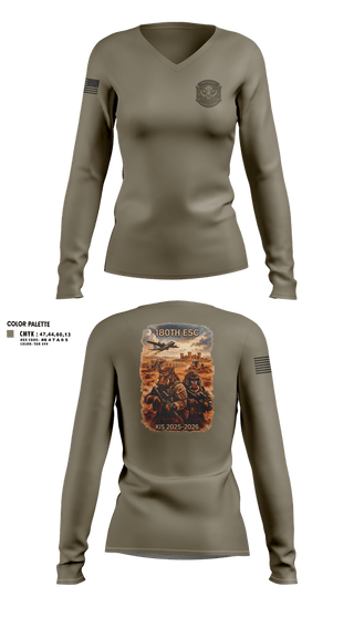 Womens Long Sleeve Vneck Shirt, 180th ESC Kismayo, Army, Teamtime, Team time, sublimation, custom sports apparel, team uniforms, spirit wear, spiritwear, sports uniforms, custom shirts, team store, custom team store, fundraiser sports, apparel fundraiser