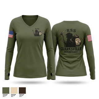 Womens Long Sleeve Vneck Shirt, RSS CLARKSVILLE, Marines, Teamtime, Team time, sublimation, custom sports apparel, team uniforms, spirit wear, spiritwear, sports uniforms, custom shirts, team store, custom team store, fundraiser sports, apparel fundraiser