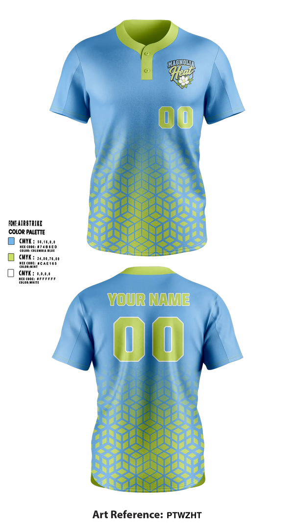 Two Button Softball Jersey, Magnolia Heat, Softball, Teamtime, Team time, sublimation, custom sports apparel, team uniforms, spirit wear, spiritwear, sports uniforms, custom shirts, team store, custom team store, fundraiser sports, apparel fundraiser