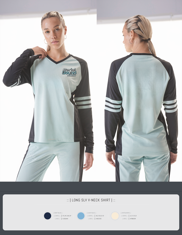 Womens Long Sleeve Vneck Shirt, Aerial Bound Athletics, Spirit Store, Teamtime, Team time, sublimation, custom sports apparel, team uniforms, spirit wear, spiritwear, sports uniforms, custom shirts, team store, custom team store, fundraiser sports, apparel fundraiser