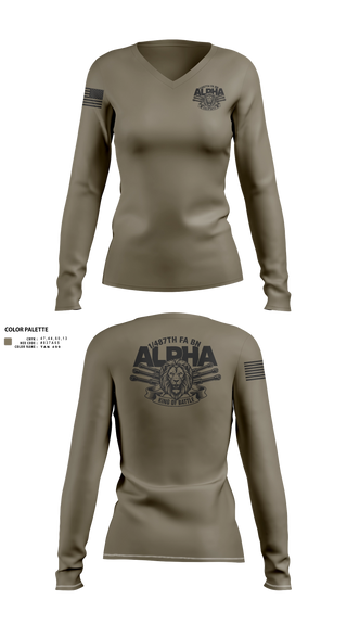 Womens Long Sleeve Vneck Shirt, 1/487th FA BN, Army, Teamtime, Team time, sublimation, custom sports apparel, team uniforms, spirit wear, spiritwear, sports uniforms, custom shirts, team store, custom team store, fundraiser sports, apparel fundraiser
