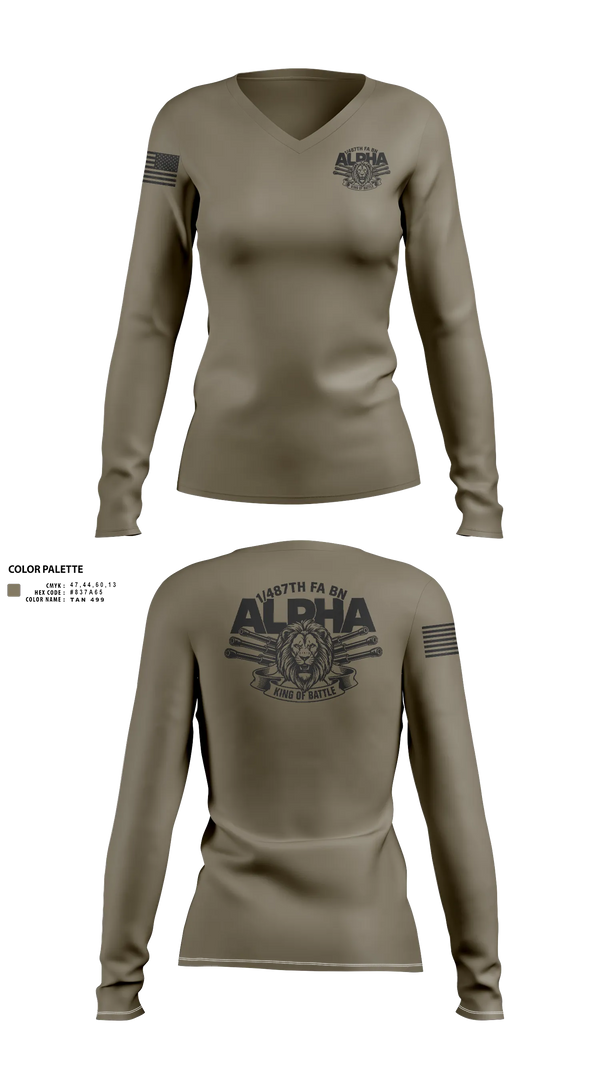 Womens Long Sleeve Vneck Shirt, 1/487th FA BN, Army, Teamtime, Team time, sublimation, custom sports apparel, team uniforms, spirit wear, spiritwear, sports uniforms, custom shirts, team store, custom team store, fundraiser sports, apparel fundraiser