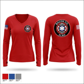 Womens Long Sleeve Vneck Shirt, BACON FIRE DEPARTMENT, Fire Department, Teamtime, Team time, sublimation, custom sports apparel, team uniforms, spirit wear, spiritwear, sports uniforms, custom shirts, team store, custom team store, fundraiser sports, apparel fundraiser