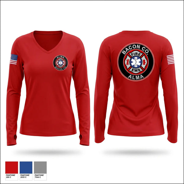 Womens Long Sleeve Vneck Shirt, BACON FIRE DEPARTMENT, Fire Department, Teamtime, Team time, sublimation, custom sports apparel, team uniforms, spirit wear, spiritwear, sports uniforms, custom shirts, team store, custom team store, fundraiser sports, apparel fundraiser