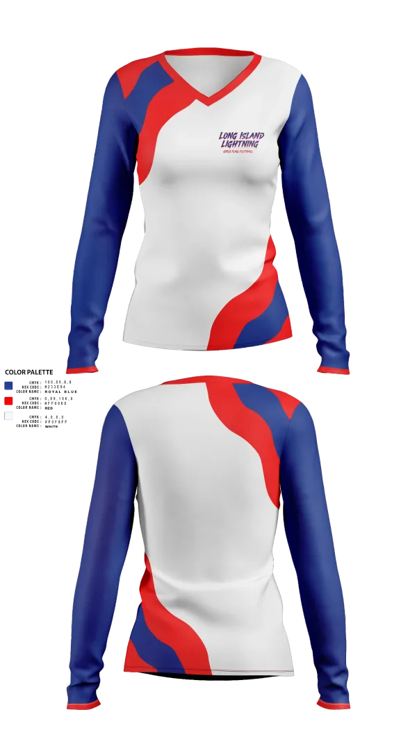 Womens Long Sleeve Vneck Shirt, LI LIGHTNING, , Teamtime, Team time, sublimation, custom sports apparel, team uniforms, spirit wear, spiritwear, sports uniforms, custom shirts, team store, custom team store, fundraiser sports, apparel fundraiser