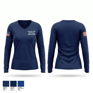 Womens Long Sleeve Vneck Shirt, Pinnacle EMS (Yell County), EMS/EMT, Teamtime, Team time, sublimation, custom sports apparel, team uniforms, spirit wear, spiritwear, sports uniforms, custom shirts, team store, custom team store, fundraiser sports, apparel fundraiser