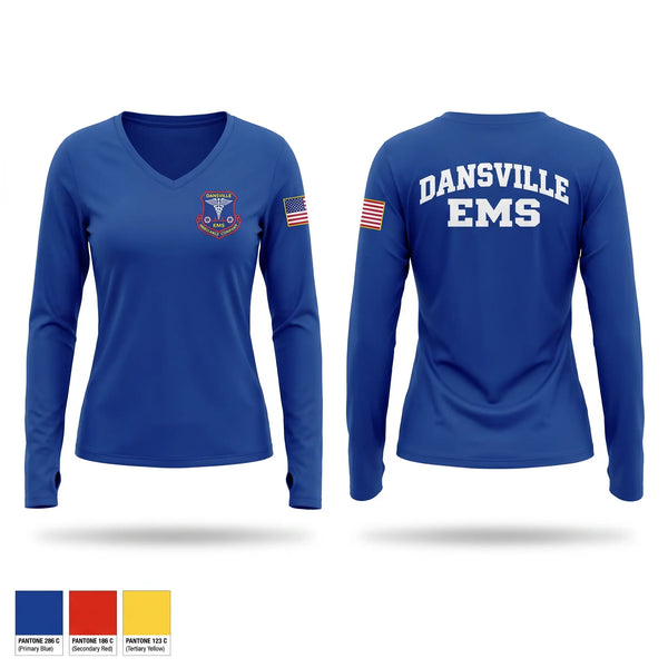 Womens Long Sleeve Vneck Shirt, DANSVILLE EMS, EMS/EMT, Teamtime, Team time, sublimation, custom sports apparel, team uniforms, spirit wear, spiritwear, sports uniforms, custom shirts, team store, custom team store, fundraiser sports, apparel fundraiser