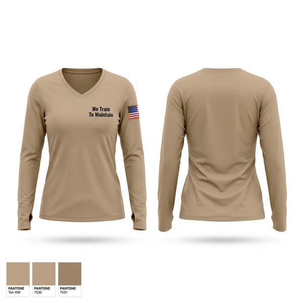Womens Long Sleeve Vneck Shirt, We Train To Maintain, Army, Teamtime, Team time, sublimation, custom sports apparel, team uniforms, spirit wear, spiritwear, sports uniforms, custom shirts, team store, custom team store, fundraiser sports, apparel fundraiser