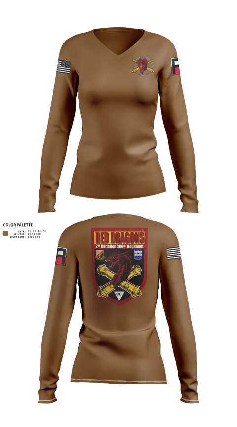 Womens Long Sleeve Vneck Shirt, 2-306th FAR, Army, Teamtime, Team time, sublimation, custom sports apparel, team uniforms, spirit wear, spiritwear, sports uniforms, custom shirts, team store, custom team store, fundraiser sports, apparel fundraiser