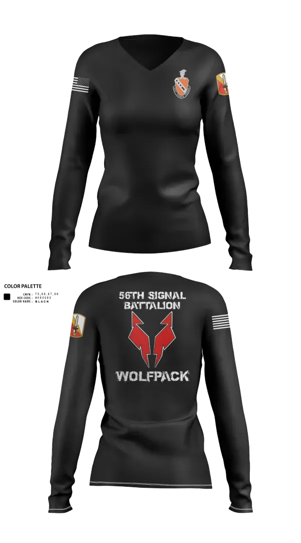 Womens Long Sleeve Vneck Shirt, 56th Signal Battalion, Army, Teamtime, Team time, sublimation, custom sports apparel, team uniforms, spirit wear, spiritwear, sports uniforms, custom shirts, team store, custom team store, fundraiser sports, apparel fundraiser