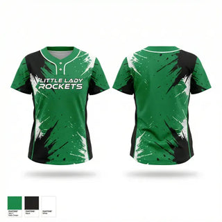 Two Button Softball Jersey, Little Lady Rockets, Softball, Teamtime, Team time, sublimation, custom sports apparel, team uniforms, spirit wear, spiritwear, sports uniforms, custom shirts, team store, custom team store, fundraiser sports, apparel fundraiser