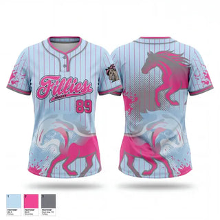 Two Button Softball Jersey, Fillies, Softball, Teamtime, Team time, sublimation, custom sports apparel, team uniforms, spirit wear, spiritwear, sports uniforms, custom shirts, team store, custom team store, fundraiser sports, apparel fundraiser