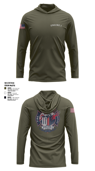 Long Sleeve Hooded Sun Shirt, Engine 1, Fire Department, Teamtime, Team time, sublimation, custom sports apparel, team uniforms, spirit wear, spiritwear, sports uniforms, custom shirts, team store, custom team store, fundraiser sports, apparel fundraiser
