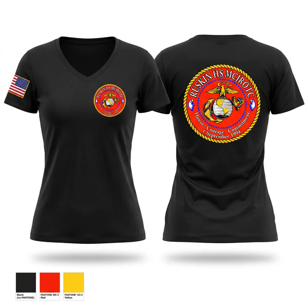 Womens Short Sleeve Vneck Shirt, Ruskin Highschool MCJROTC drill team, Marines, Teamtime, Team time, sublimation, custom sports apparel, team uniforms, spirit wear, spiritwear, sports uniforms, custom shirts, team store, custom team store, fundraiser sports, apparel fundraiser