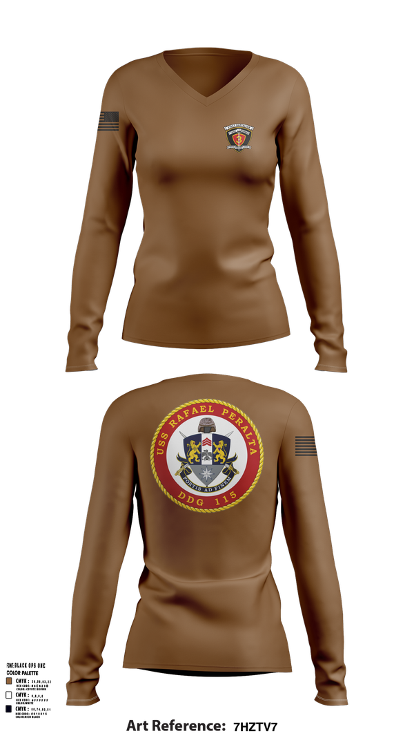 Womens Long Sleeve Vneck Shirt, USS Rafael Peralta DDG 115, Navy, Teamtime, Team time, sublimation, custom sports apparel, team uniforms, spirit wear, spiritwear, sports uniforms, custom shirts, team store, custom team store, fundraiser sports, apparel fundraiser