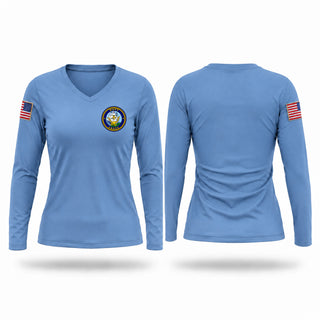 Womens Long Sleeve Vneck Shirt, Riverhead NJROTC, Navy, Teamtime, Team time, sublimation, custom sports apparel, team uniforms, spirit wear, spiritwear, sports uniforms, custom shirts, team store, custom team store, fundraiser sports, apparel fundraiser