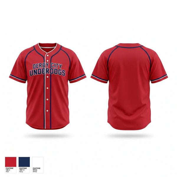 Full Button Baseball Jersey, Derby City Underdogs, Baseball, Teamtime, Team time, sublimation, custom sports apparel, team uniforms, spirit wear, spiritwear, sports uniforms, custom shirts, team store, custom team store, fundraiser sports, apparel fundraiser