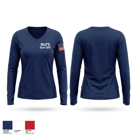 Womens Long Sleeve Vneck Shirt, McFD Spec OPS, Fire Department, Teamtime, Team time, sublimation, custom sports apparel, team uniforms, spirit wear, spiritwear, sports uniforms, custom shirts, team store, custom team store, fundraiser sports, apparel fundraiser