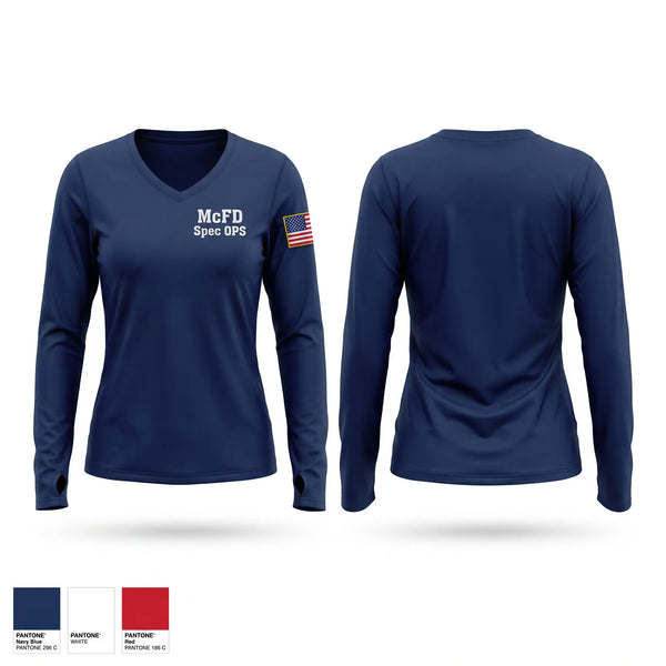 Womens Long Sleeve Vneck Shirt, McFD Spec OPS, Fire Department, Teamtime, Team time, sublimation, custom sports apparel, team uniforms, spirit wear, spiritwear, sports uniforms, custom shirts, team store, custom team store, fundraiser sports, apparel fundraiser