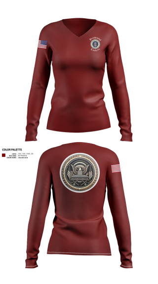 Womens Long Sleeve Vneck Shirt, Presidential Caskets Platoon, Army, Teamtime, Team time, sublimation, custom sports apparel, team uniforms, spirit wear, spiritwear, sports uniforms, custom shirts, team store, custom team store, fundraiser sports, apparel fundraiser