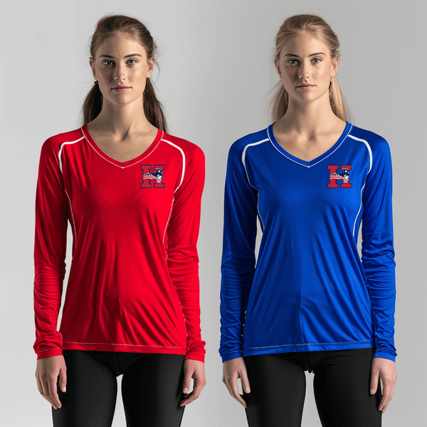 Women's Long Sleeve Vneck Shirt, Heritage High School Volleyball, Women's Volleyball, Teamtime, Team time, sublimation, custom sports apparel, team uniforms, spirit wear, spiritwear, sports uniforms, custom shirts, team store, custom team store, fundraiser sports, apparel fundraiser