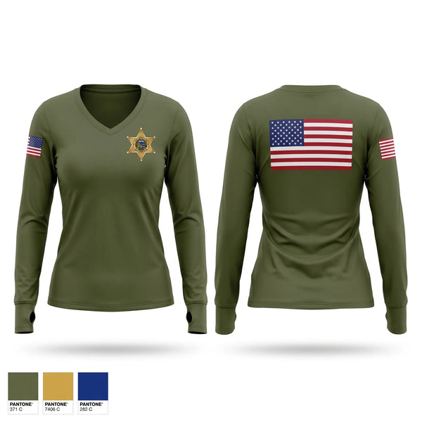 Womens Long Sleeve Vneck Shirt, Del Norte County Sheriff's Office, Police, Teamtime, Team time, sublimation, custom sports apparel, team uniforms, spirit wear, spiritwear, sports uniforms, custom shirts, team store, custom team store, fundraiser sports, apparel fundraiser