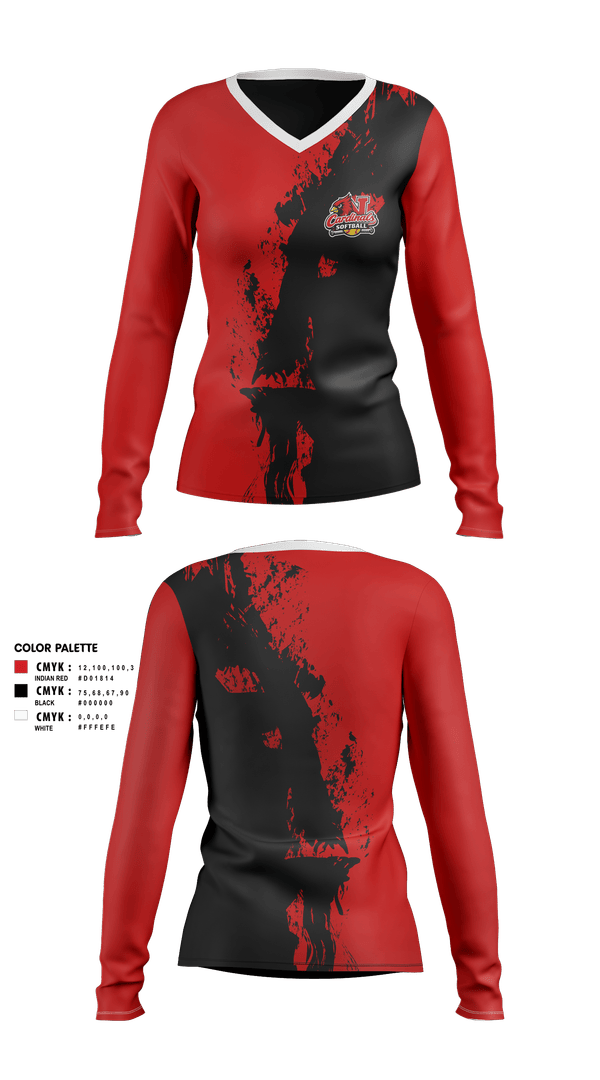 Womens Long Sleeve Vneck Shirt, Cardinals, Softball, Teamtime, Team time, sublimation, custom sports apparel, team uniforms, spirit wear, spiritwear, sports uniforms, custom shirts, team store, custom team store, fundraiser sports, apparel fundraiser
